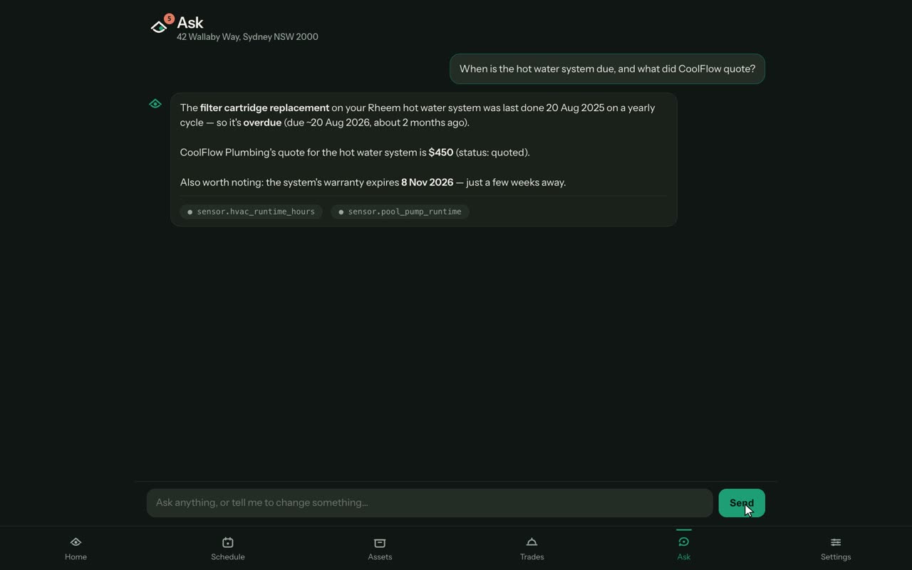 Ask answering when the hot water system is due and what CoolFlow quoted, from the home's own records