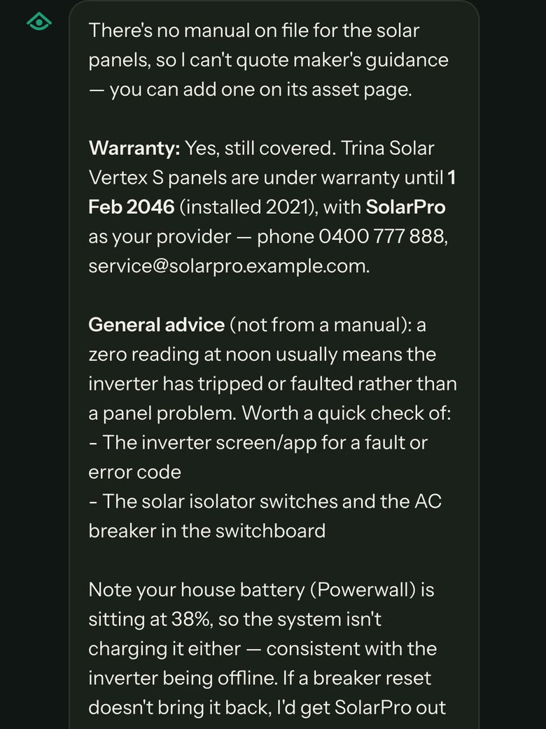 Ask answering why the solar reads zero at noon: the panels are under warranty until 1 Feb 2046 with SolarPro, a zero reading usually means the inverter tripped, and what to check first